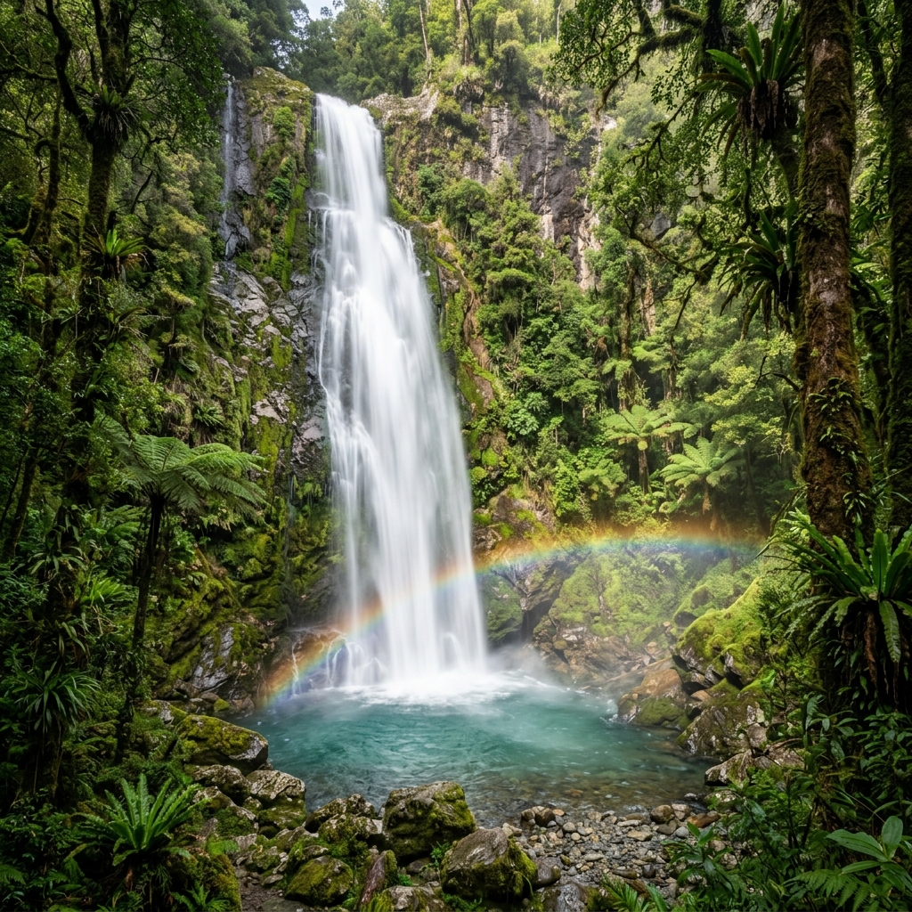 A majestic waterfall cascading down moss-covered rocks in a lush green forest, surrounded by ancient trees and tropical ferns, crystal clear water pool at the base, misty atmosphere with rainbow light, no people, stunning landscape nature photography